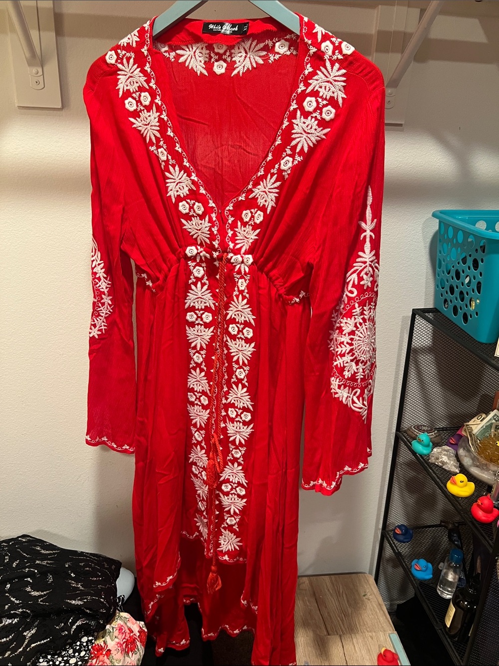 White Mark Red Maxi Dress with White Embroidered Detail - Picture 1 of 4